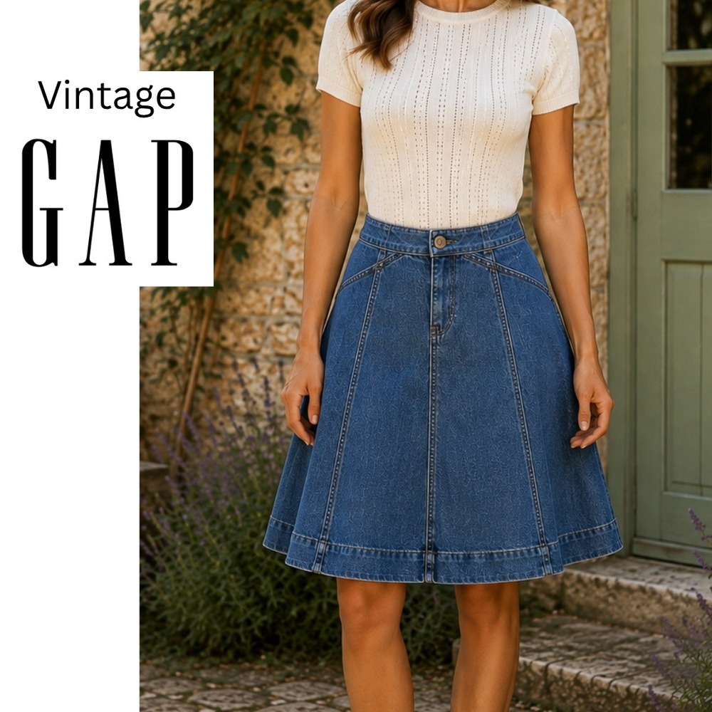 Gap, Vintage Y2K Denim Flared A-Line Paneled Skirt Medium Wash Blue Size 6